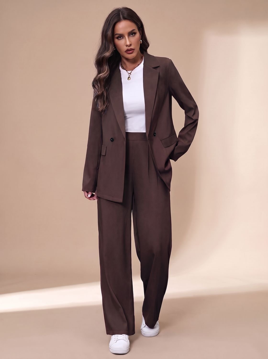 Clara Women's Fitted Double-Breasted Pant Suit with Wide Trousers