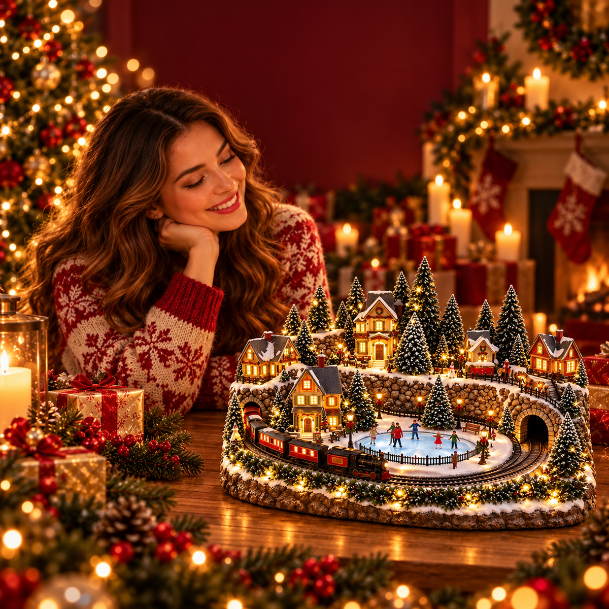 Animated Christmas train village scene with ice skating rink and glowing cottages