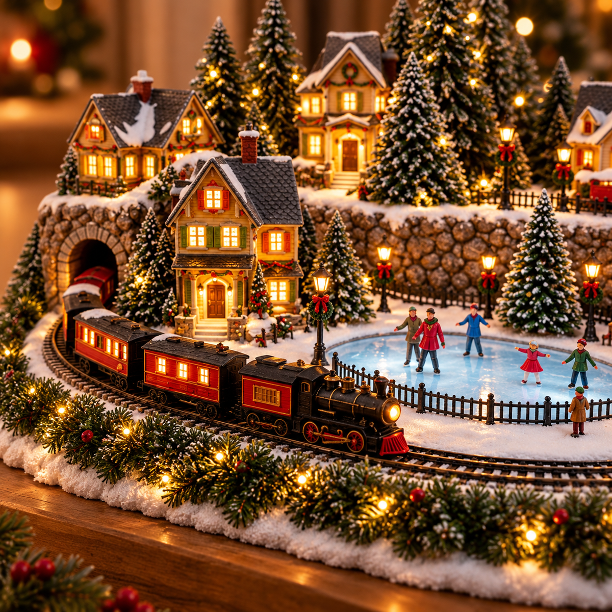 Animated Christmas train village scene with ice skating rink and glowing cottages