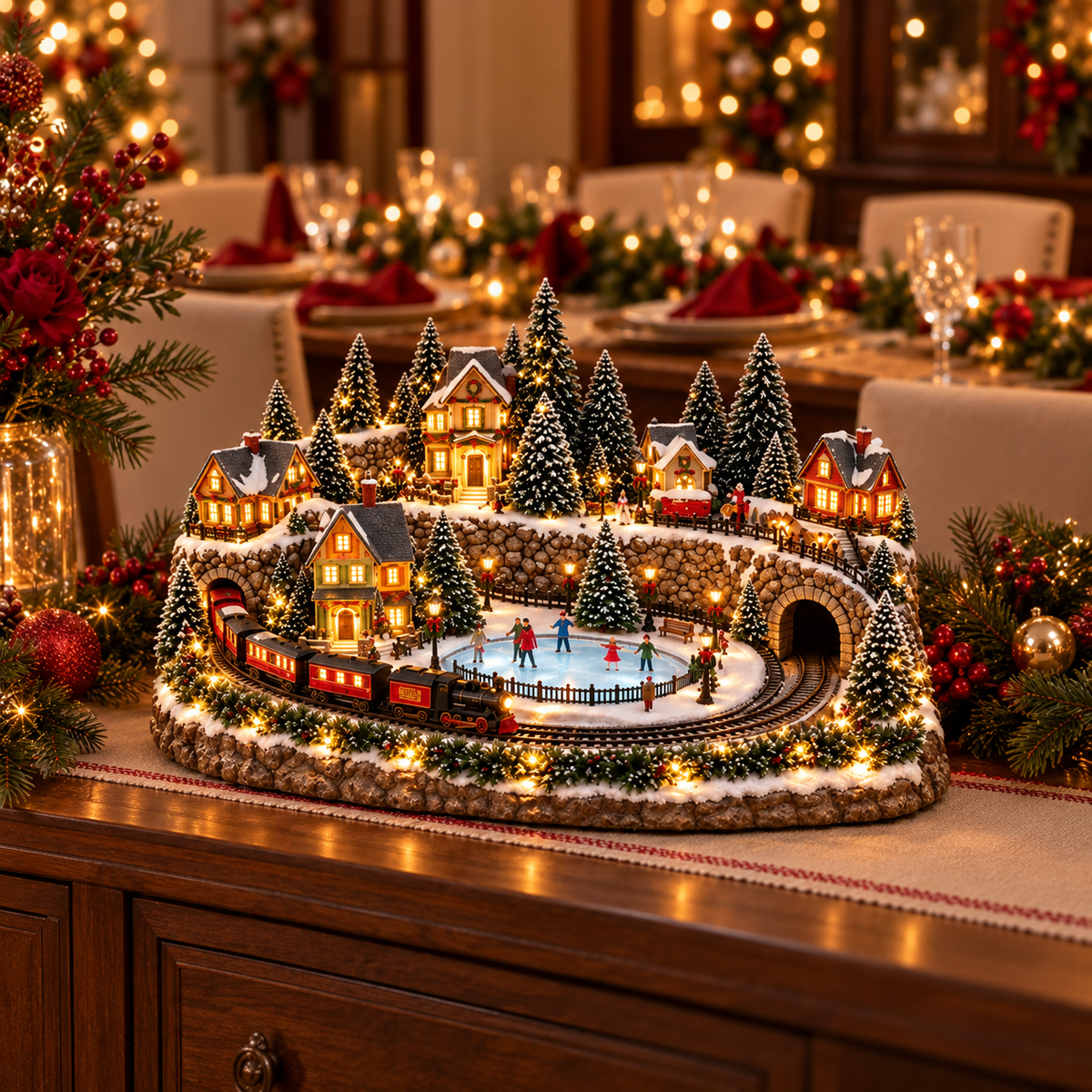Animated Christmas train village scene with ice skating rink and glowing cottages