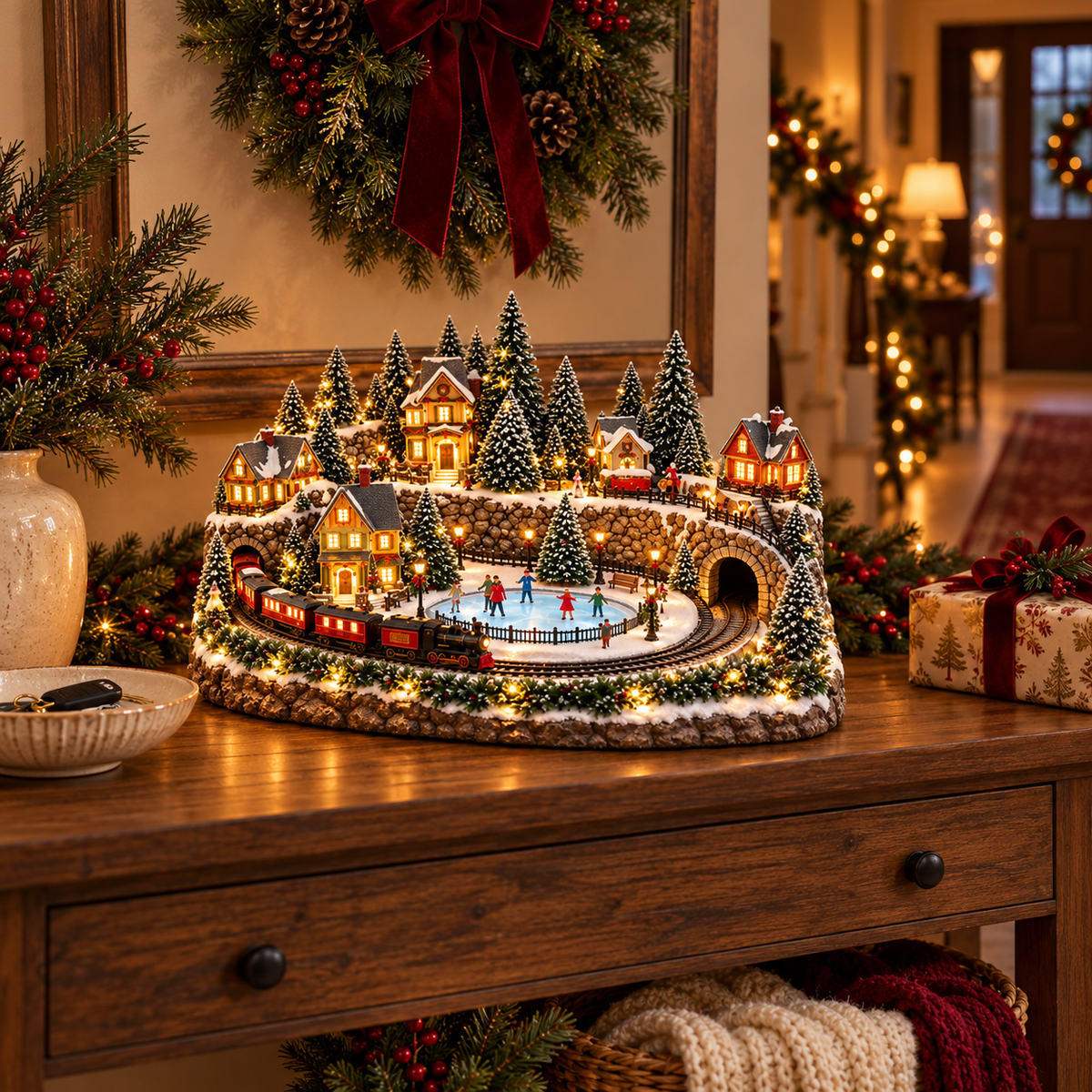 Animated Christmas train village scene with ice skating rink and glowing cottages