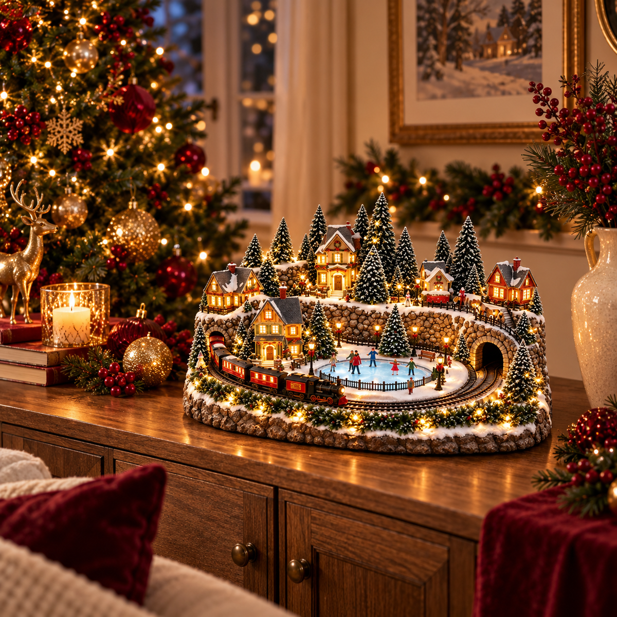 Animated Christmas train village scene with ice skating rink and glowing cottages