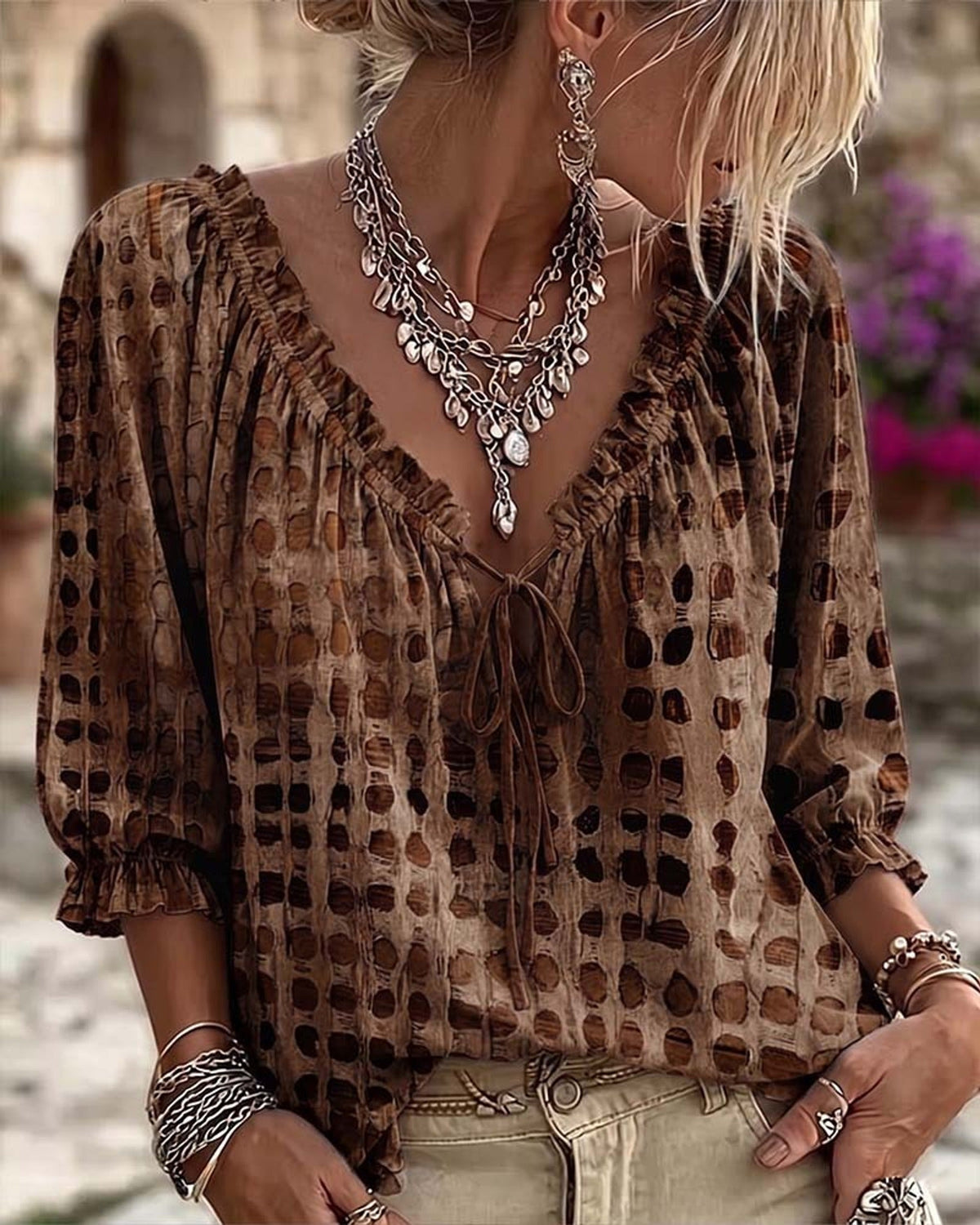 Boho Print Tie-Neck Blouse