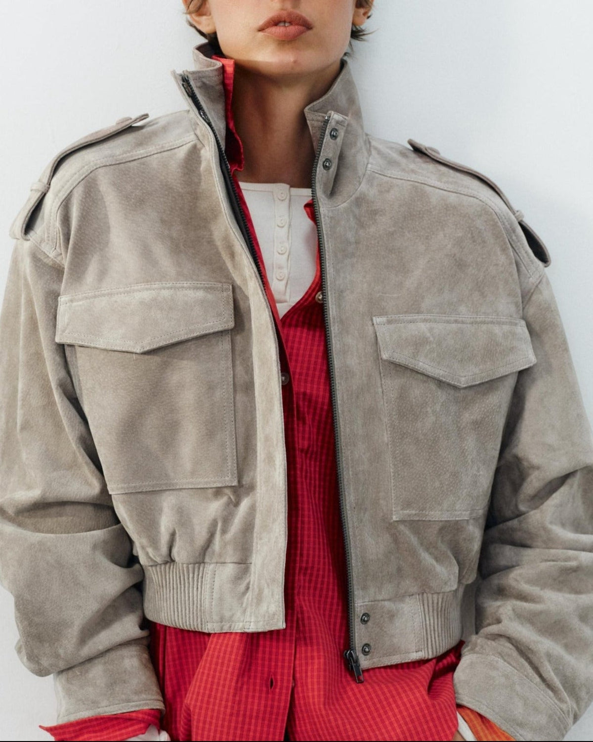 Suede Cropped Bomber Jacket in Gray