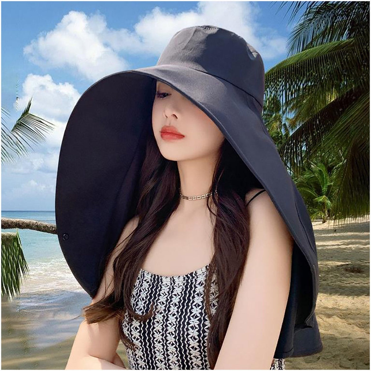 Wide Brim Sun Hat with Neck Flap and Ponytail Hole