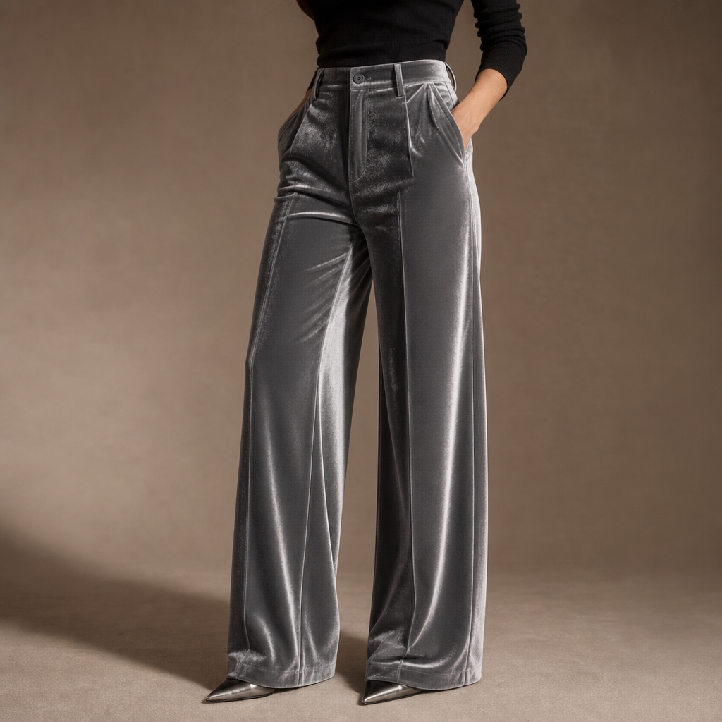 Velvet High-Waisted Wide-Leg Trousers