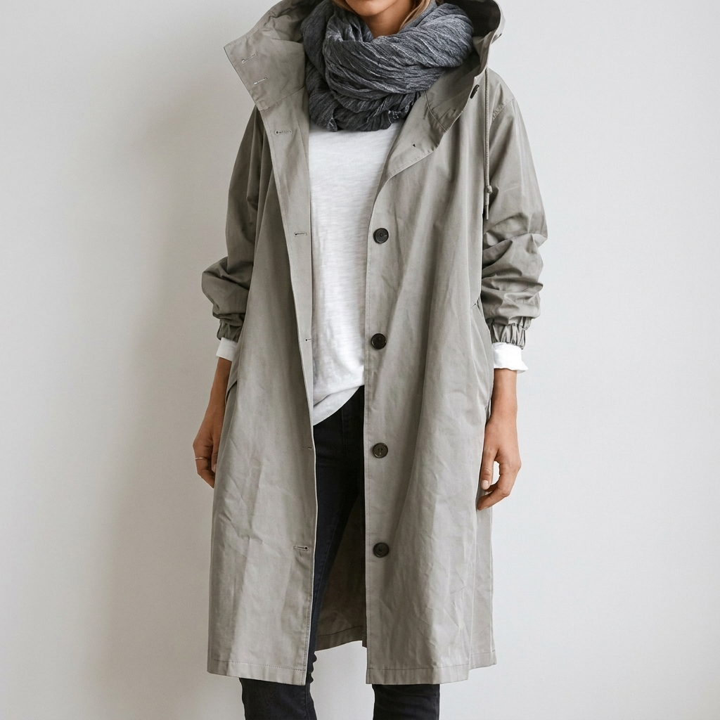 Women's Hooded Raincoat with Button Front and Long Length