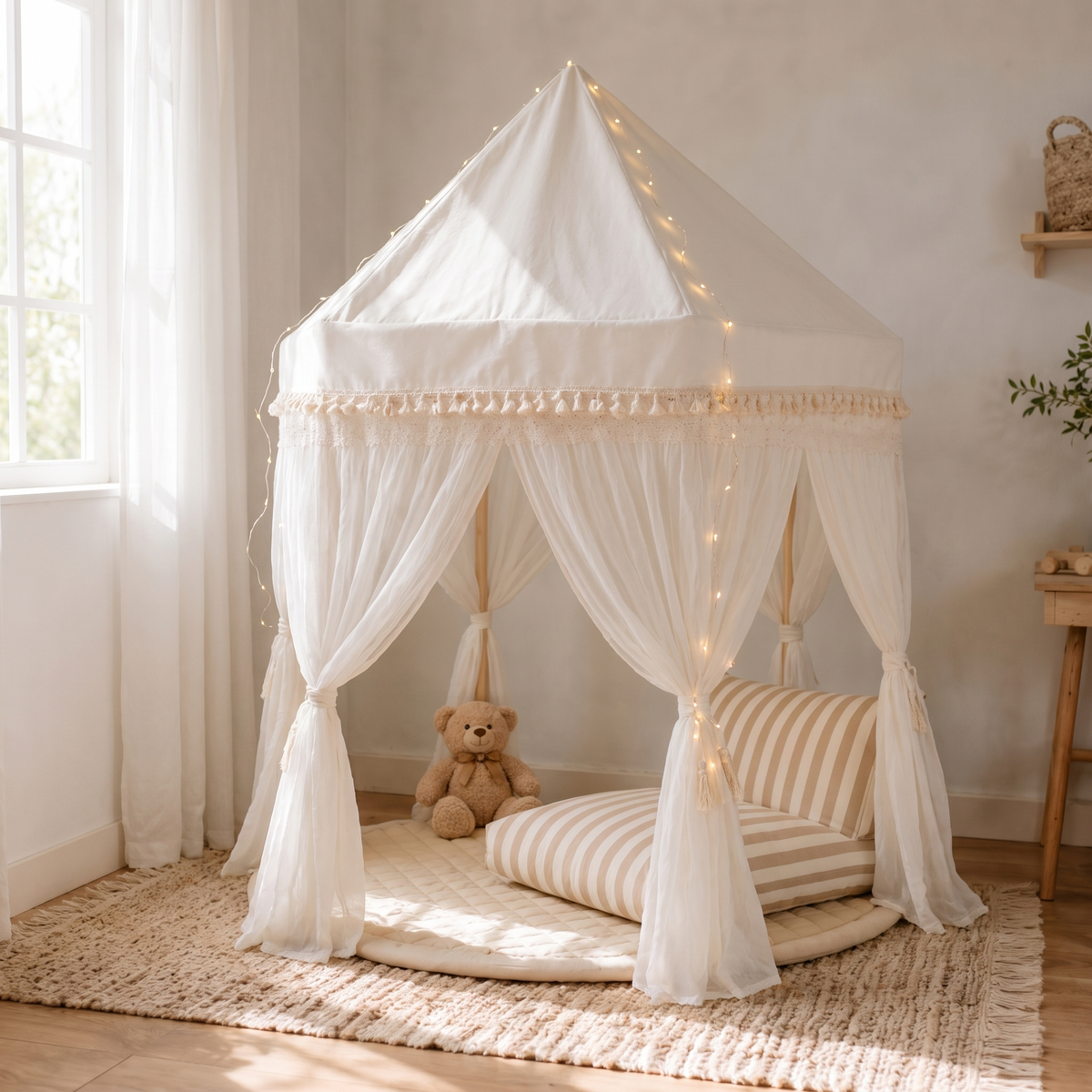 Ultimate Play Tent Bundle | Fairytale Tent, Quilted Mat, Fairy Lights & Support Pillow – Ivory