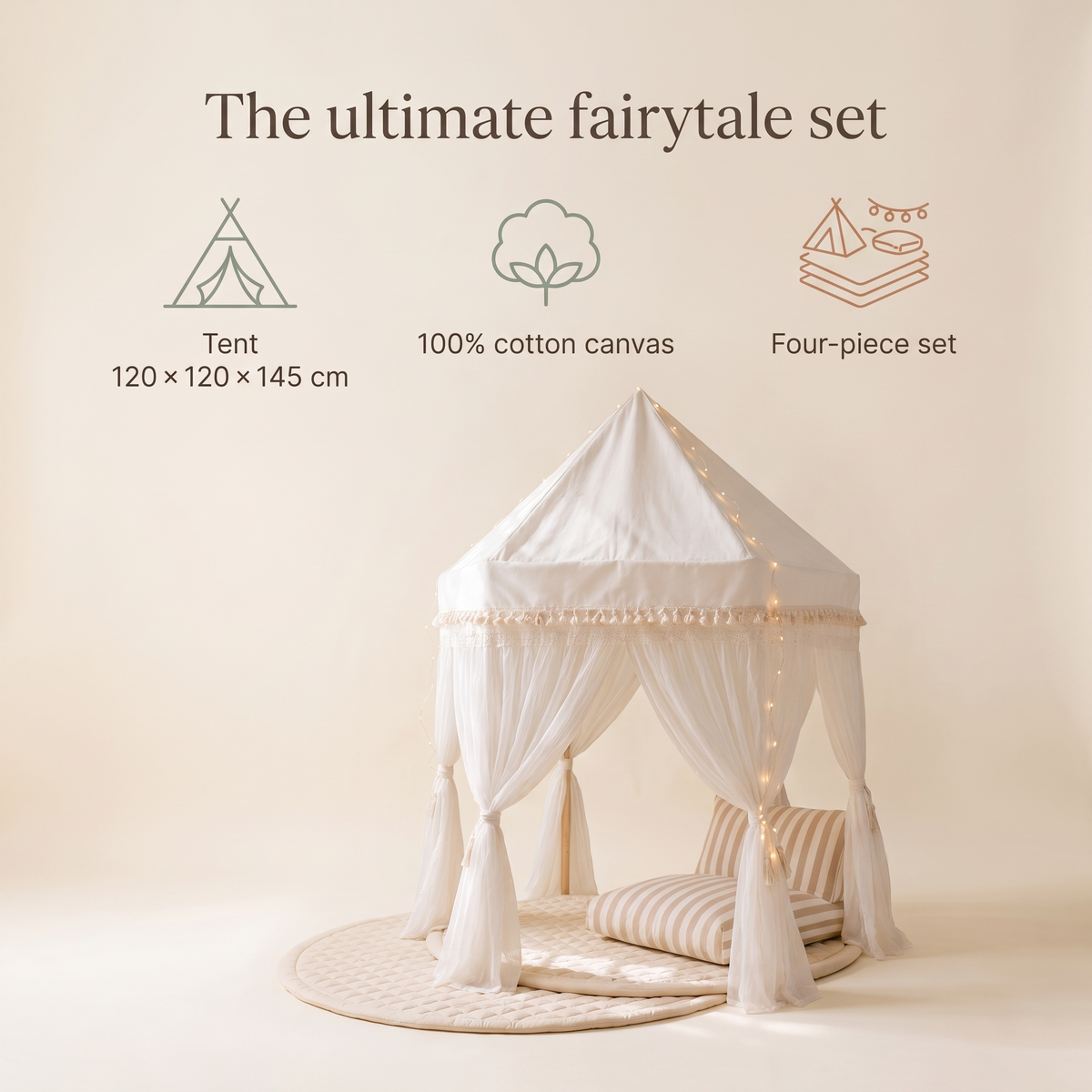 Ultimate Play Tent Bundle | Fairytale Tent, Quilted Mat, Fairy Lights & Support Pillow – Ivory