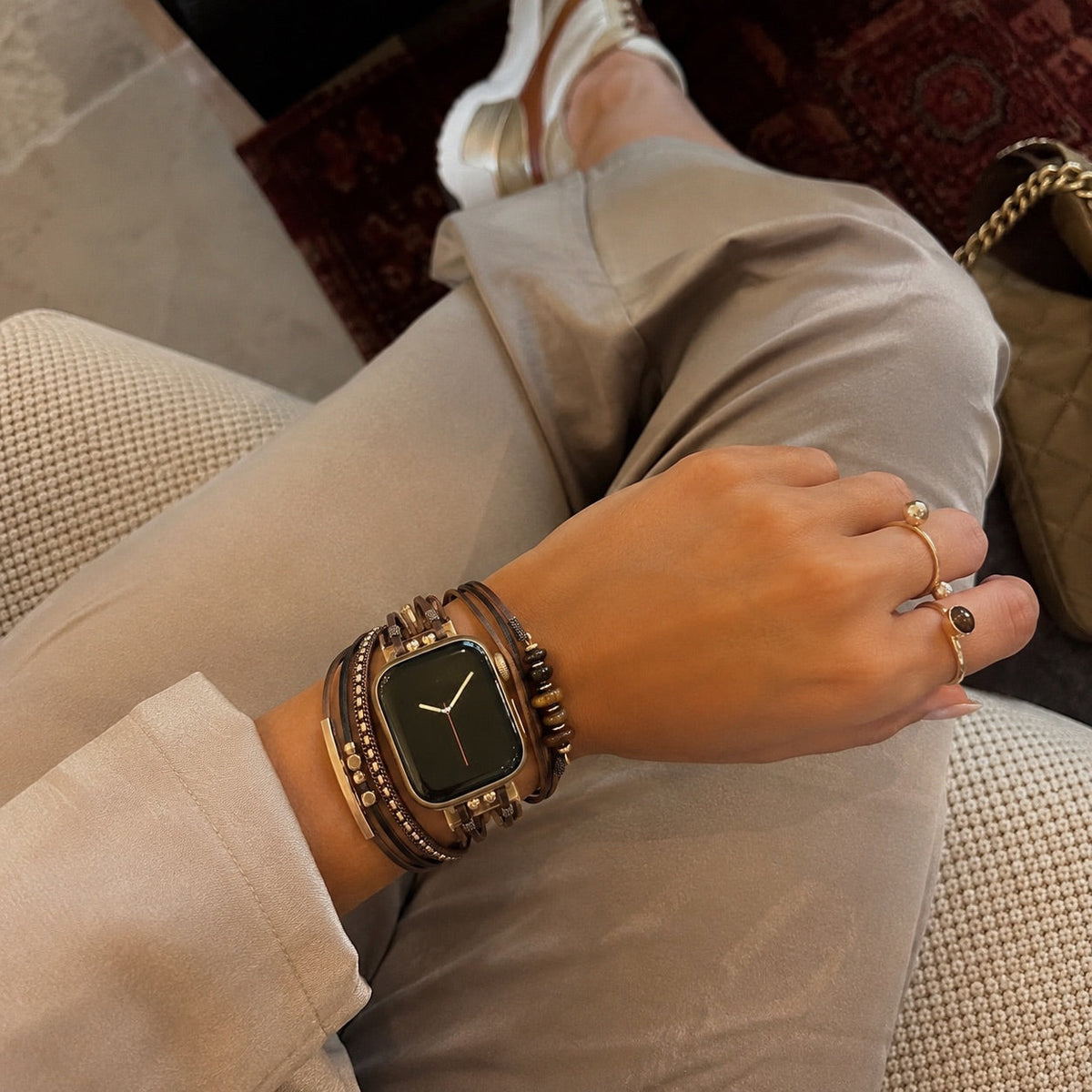 Women's Multi-Cord Watch Bracelet with Gold Details and Green Stones, Elegant Wrist Accessory