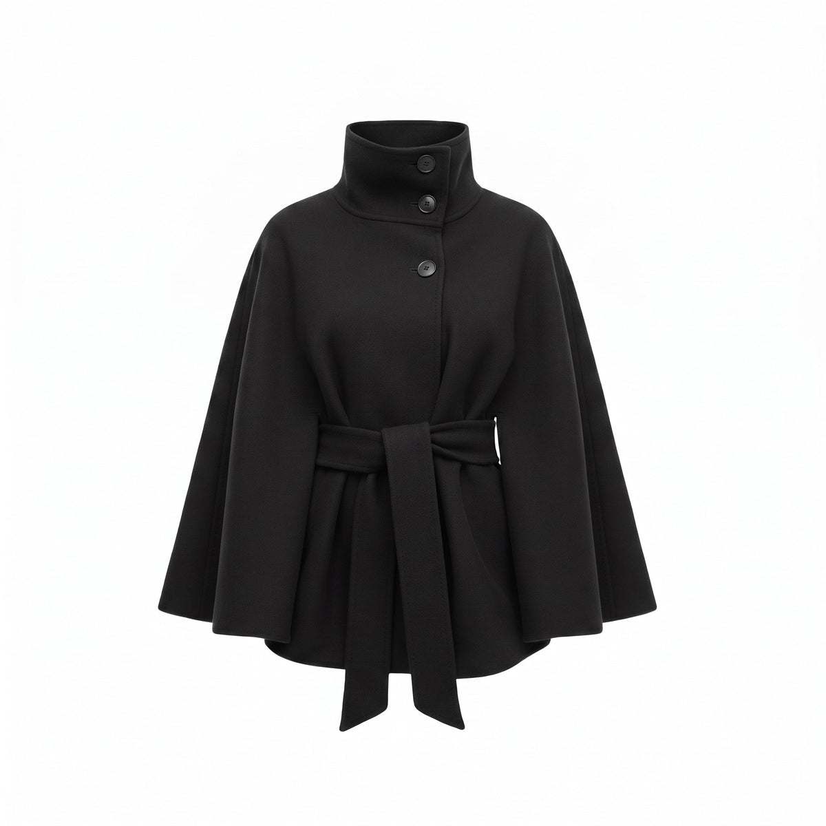 Women's Belted Cape Coat with High Collar and Button Front