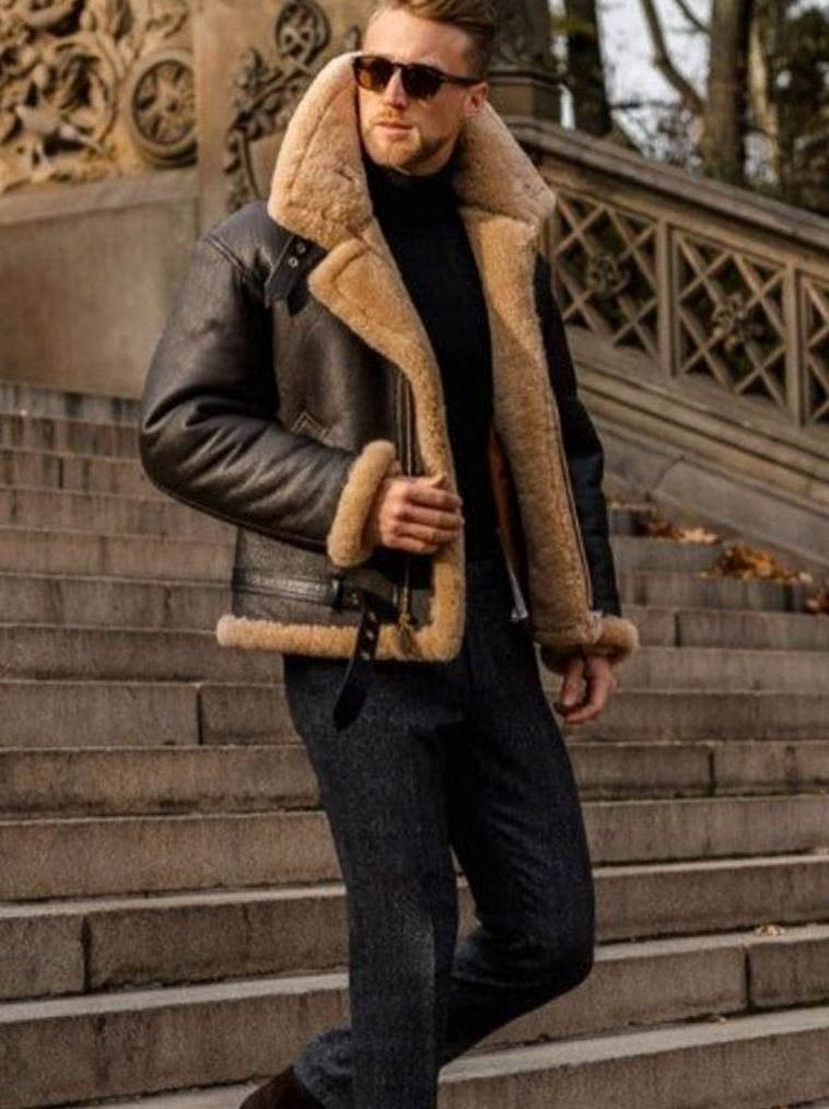 Men's aviator leather jacket sheepskin-lined with shearling collar