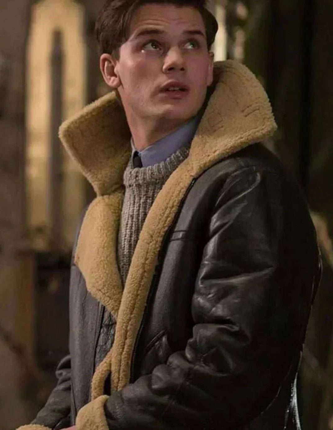 Men's aviator leather jacket sheepskin-lined with shearling collar