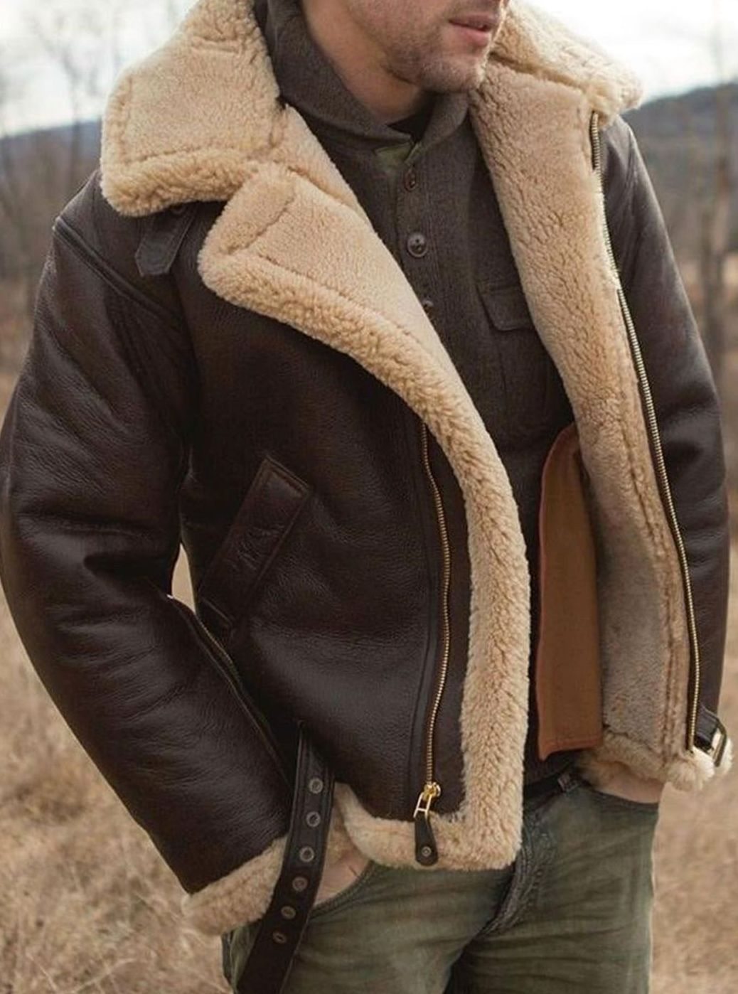 Men's aviator leather jacket sheepskin-lined with shearling collar