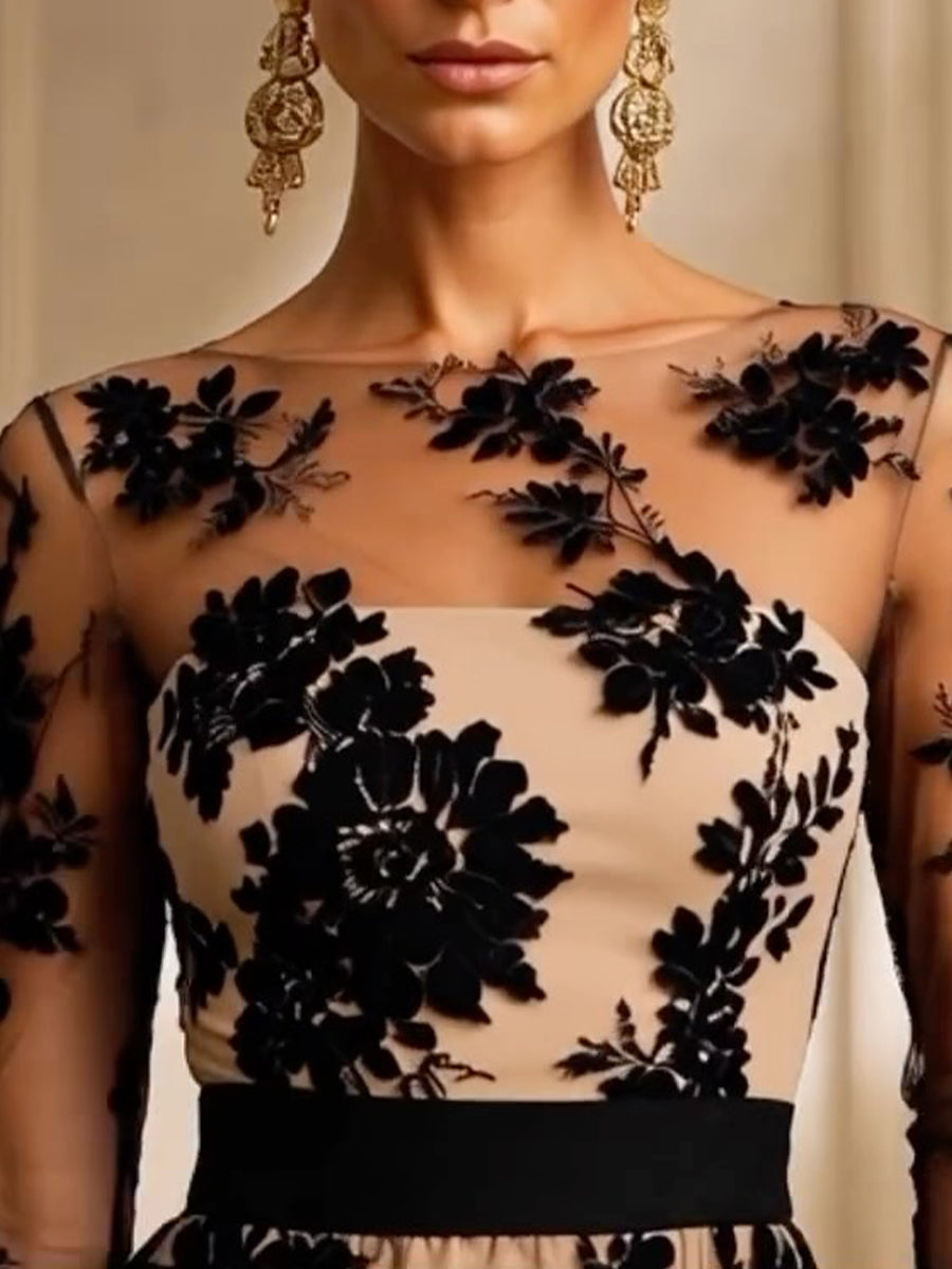 Floral Lace Midi Evening Dress