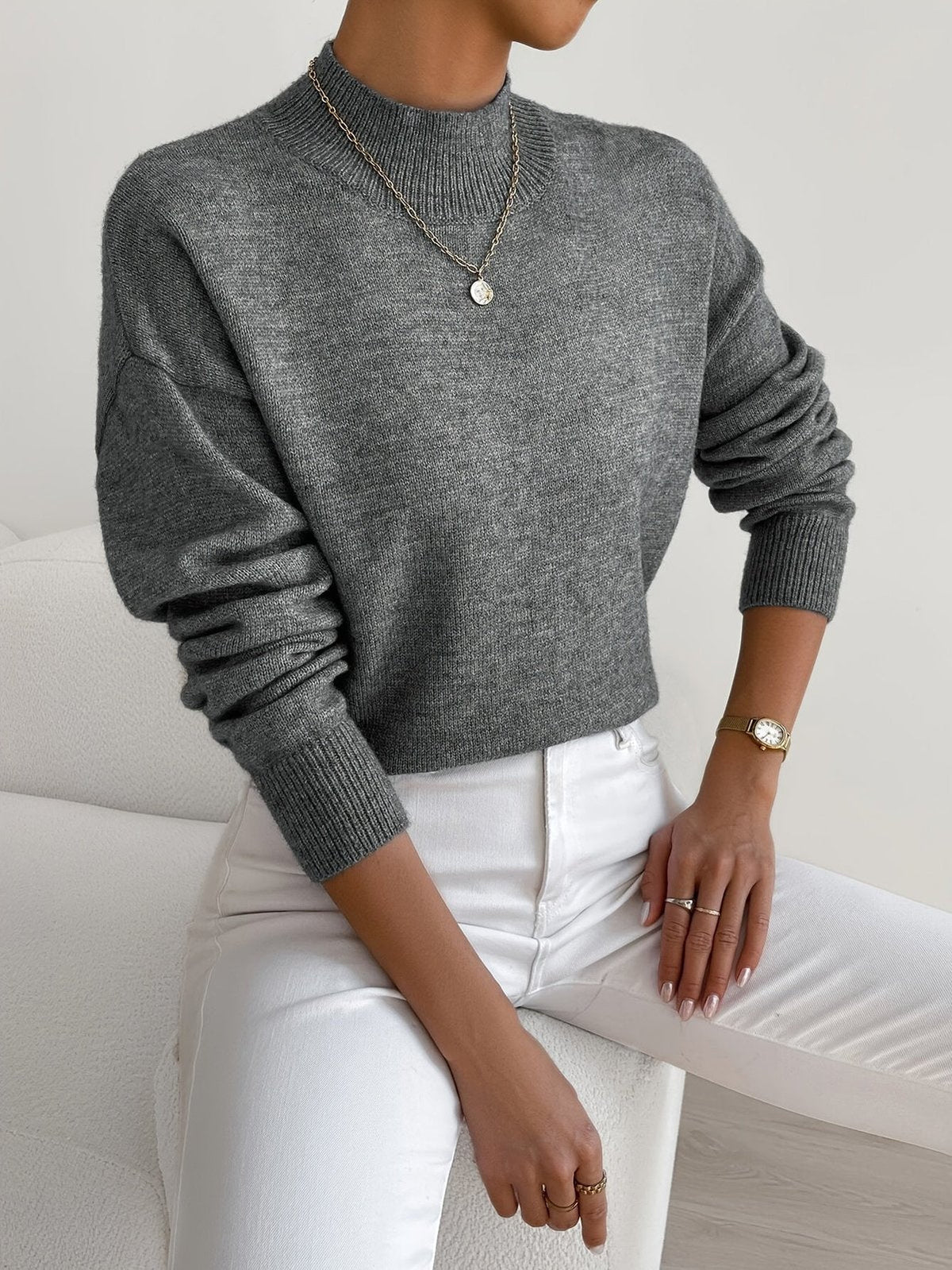 Sweater with High Neck and Ribbed Cuffs