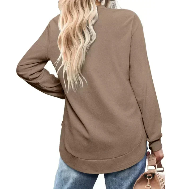 Solid Color Long Sleeve High-Low Hem Tops for Women