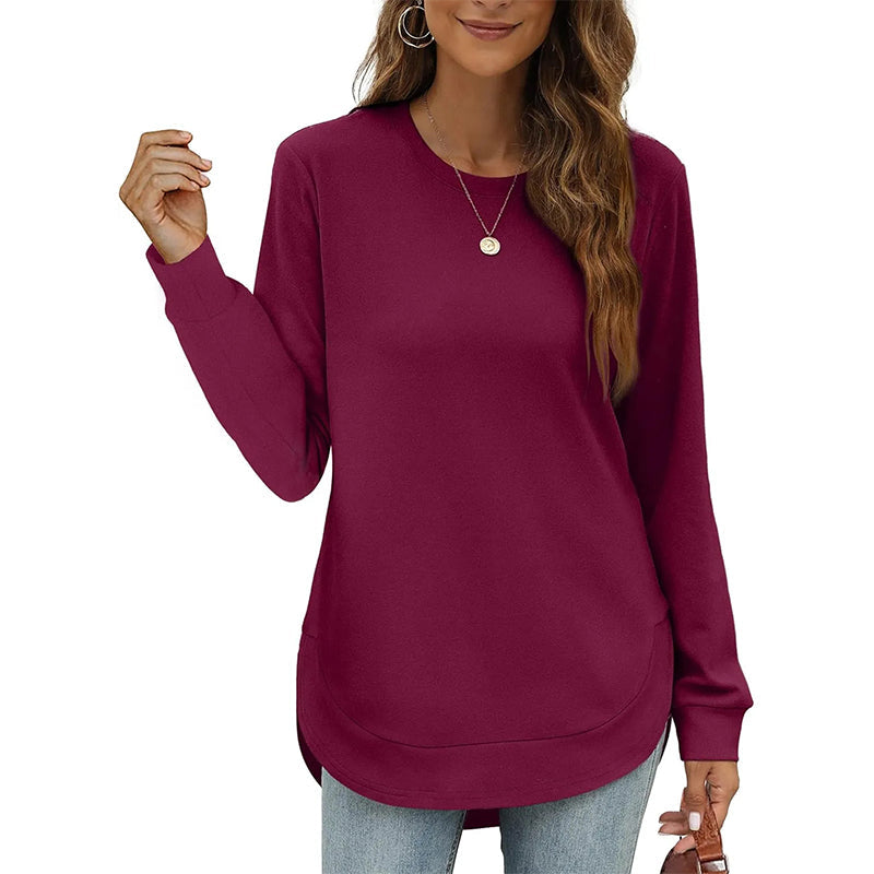 Solid Color Long Sleeve High-Low Hem Tops for Women