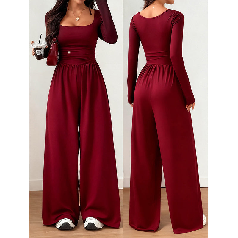 Women's Casual Square Neck Wide-Leg Jumpsuit – Flattering Comfort & Effortless Autumn Style