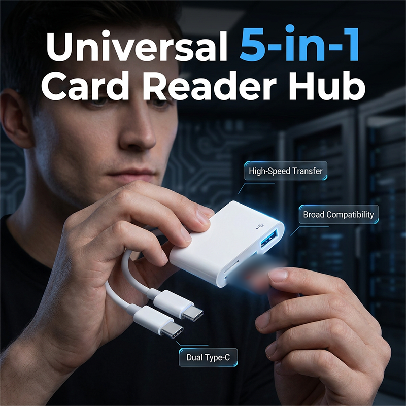 5-in-1 Multiport Memory Card Reader, Dual Connector Plug-and-Play, Supports up to 1TB for Fast File Transfer