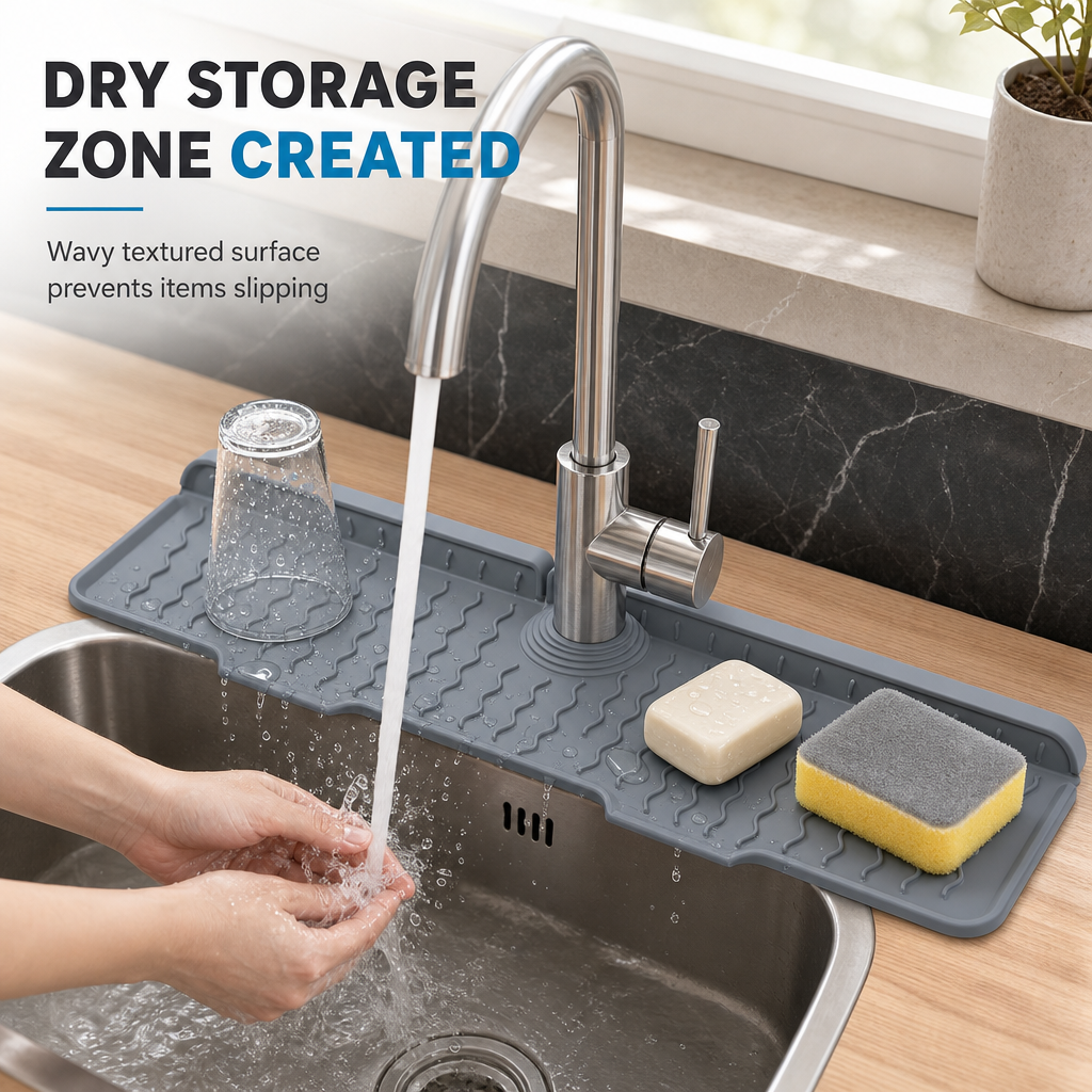 Silicone Splash Guard Mat for Sink and Faucet – Sloped Drainage Mat for Kitchen