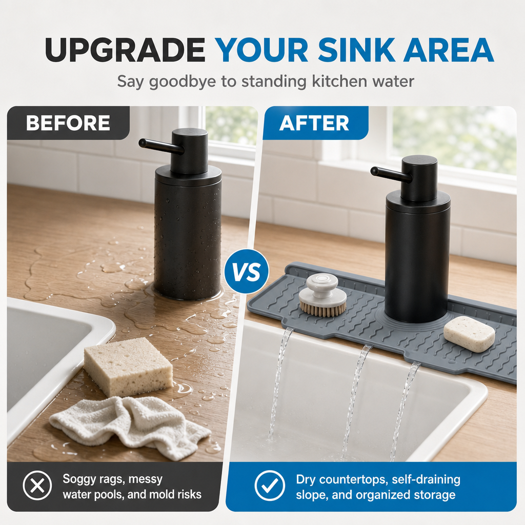 Silicone Splash Guard Mat for Sink and Faucet – Sloped Drainage Mat for Kitchen