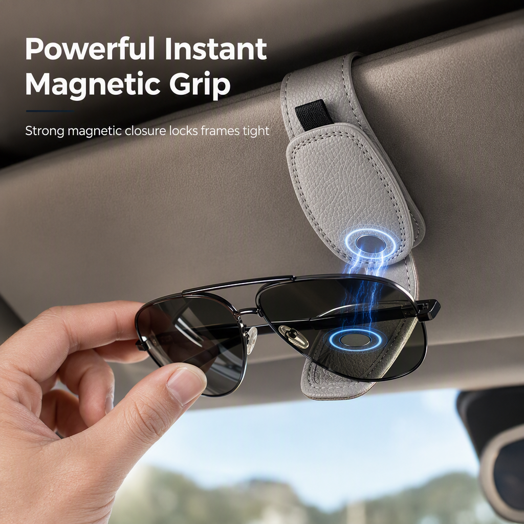 Car Sunglasses Holder — Magnetic Leather Clip, Ticket Card Mount