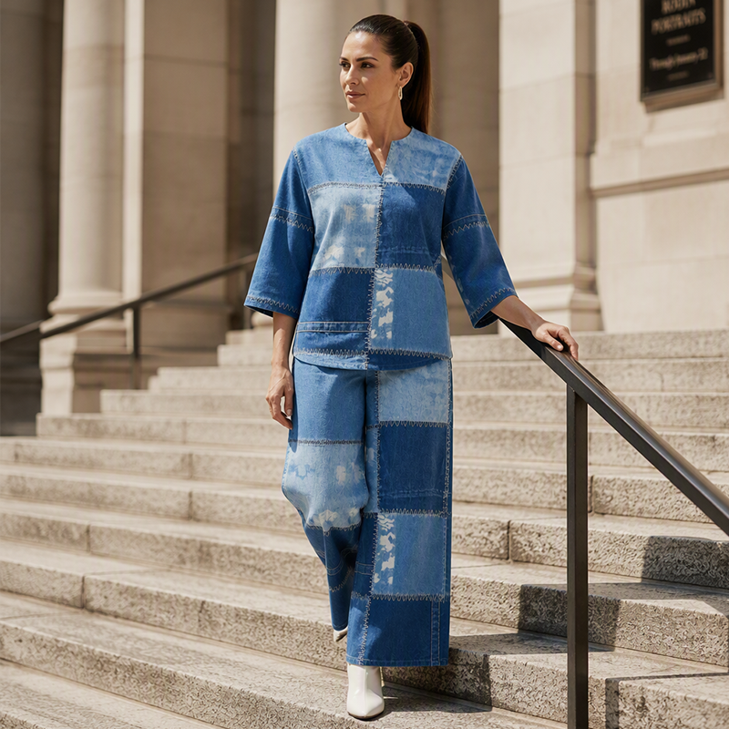 Women's Patchwork Top & Wide-Leg Pants 2-Piece Set