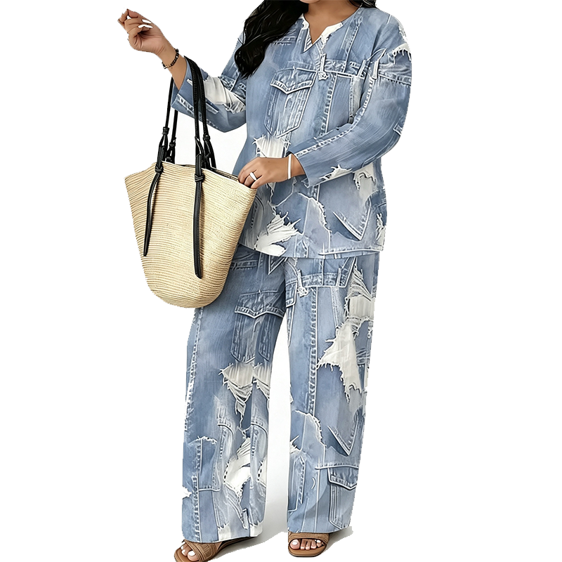 Women's Patchwork Top & Wide-Leg Pants 2-Piece Set