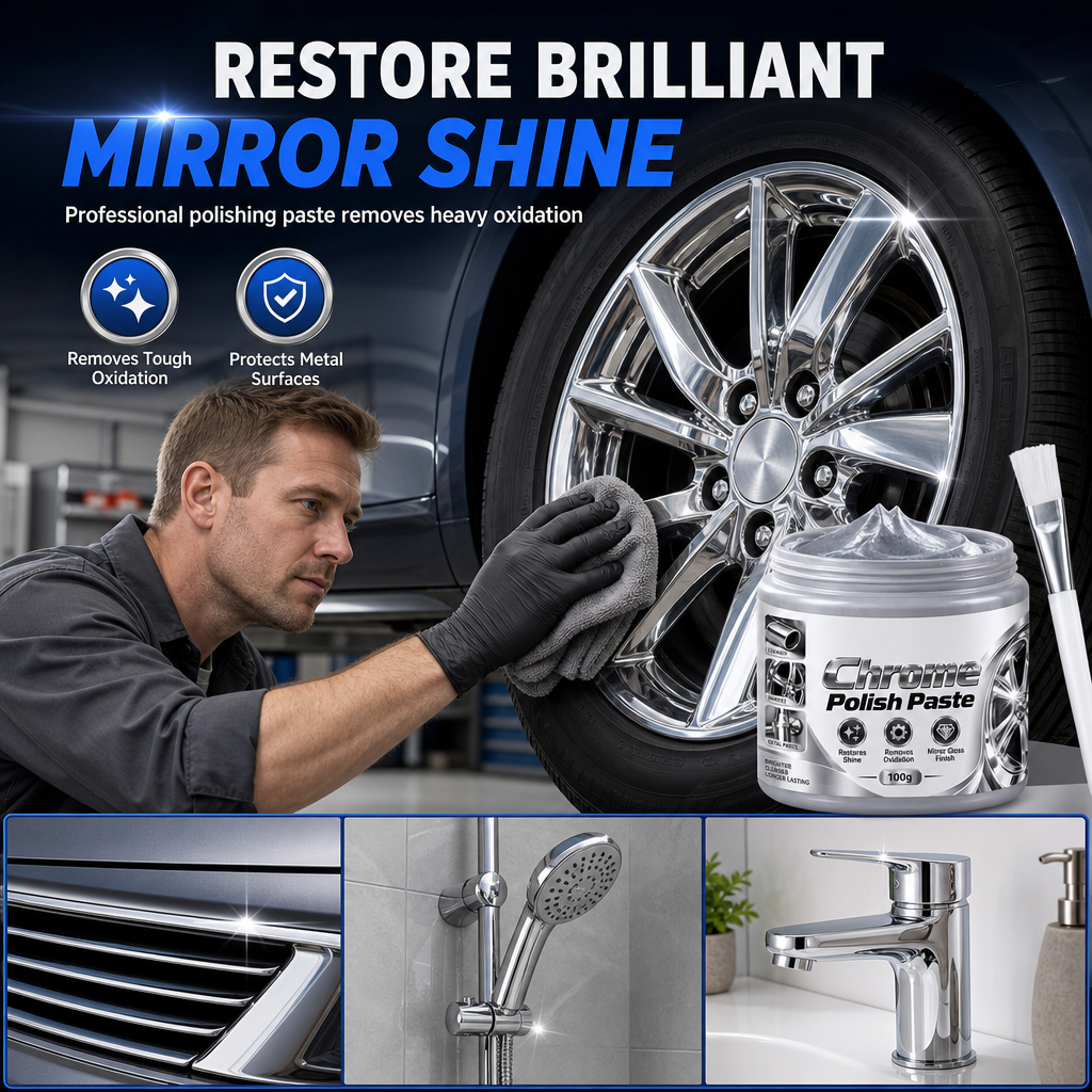 Metal Chrome Polish & Restorer Paste with Brush – Heavy-Duty Chrome Polishing Cream, Oxidation Remover for Car Wheels, Metal Trim, Faucets & Chrome Surfaces
