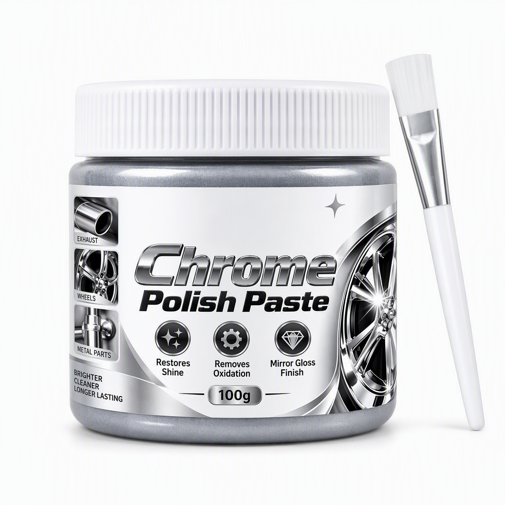 Metal Chrome Polish & Restorer Paste with Brush – Heavy-Duty Chrome Polishing Cream, Oxidation Remover for Car Wheels, Metal Trim, Faucets & Chrome Surfaces