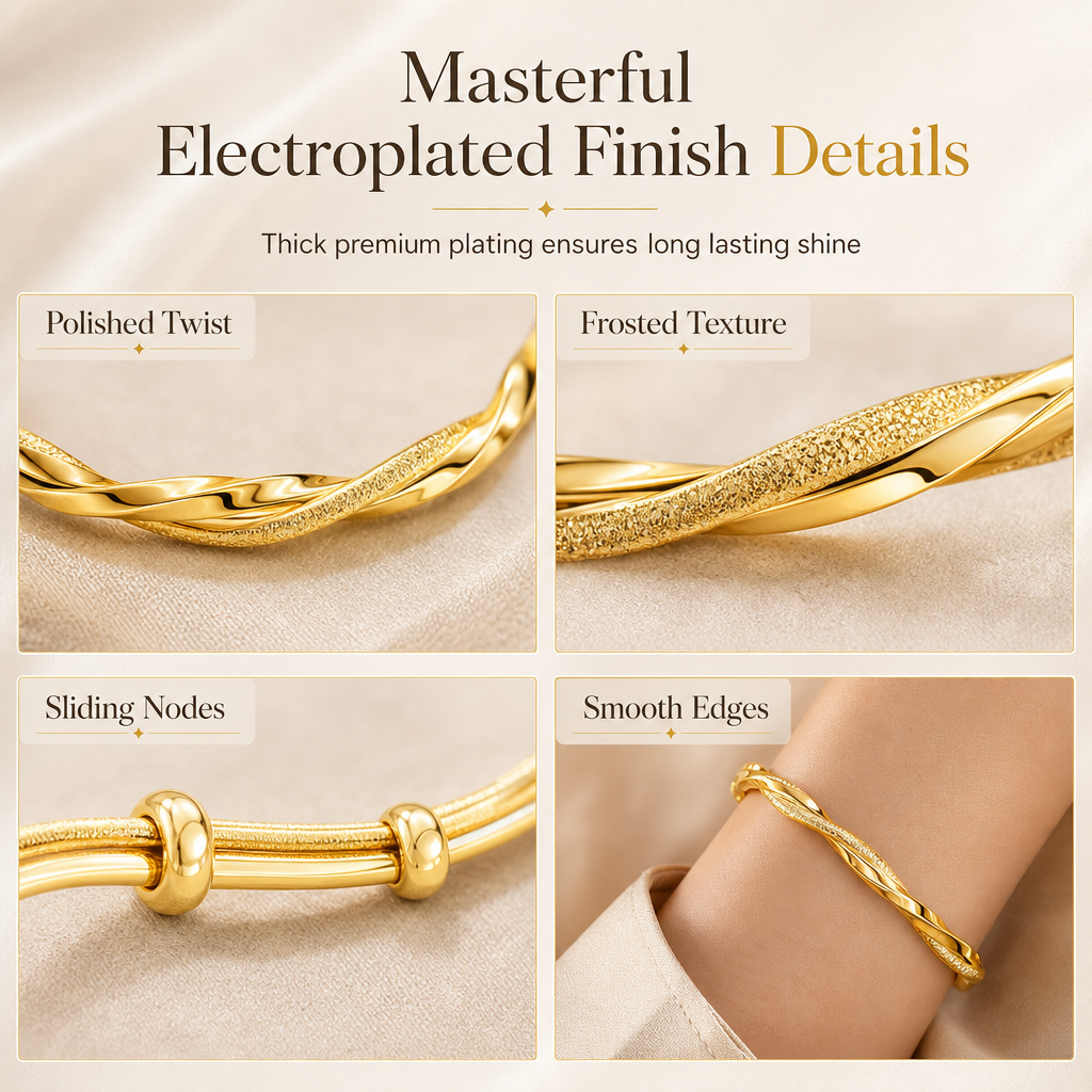 Infinite Mobius Twist Bangle: Smooth Sliding Adjustable Clasp, Dual Textured Finish, Electroplated Anti-Fade Jewelry