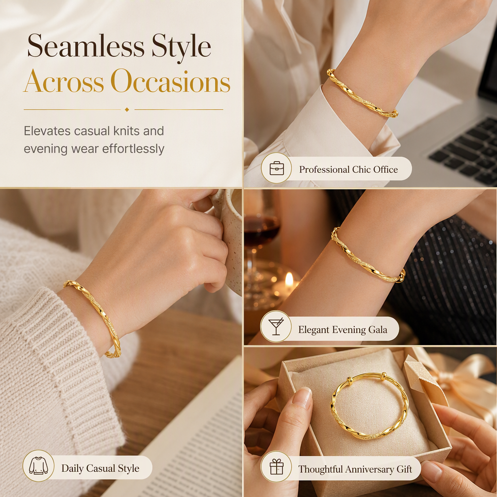 Infinite Mobius Twist Bangle: Smooth Sliding Adjustable Clasp, Dual Textured Finish, Electroplated Anti-Fade Jewelry