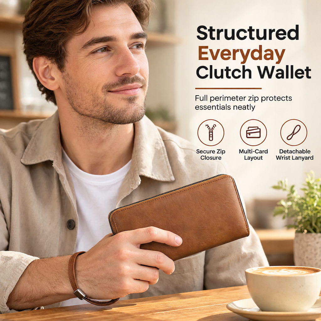 Structured Everyday Clutch Wallet – Rigid Zip, Flat Banknotes, Multi-Compartment, Scratch-Resistant