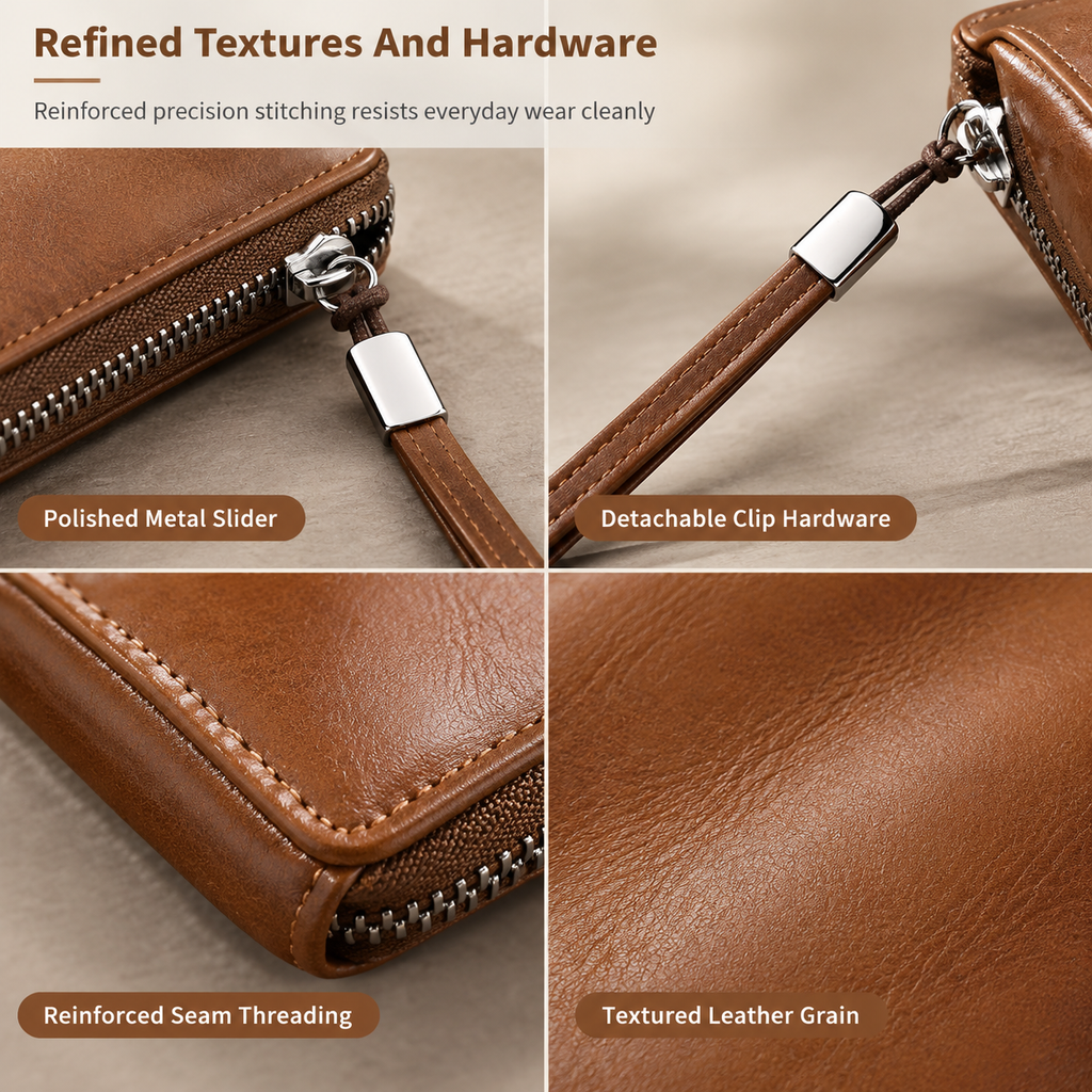 Structured Everyday Clutch Wallet – Rigid Zip, Flat Banknotes, Multi-Compartment, Scratch-Resistant