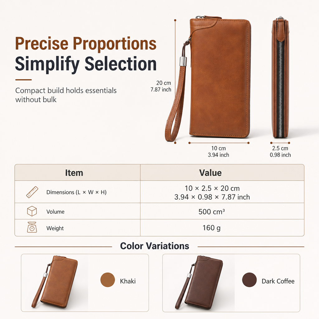 Structured Everyday Clutch Wallet – Rigid Zip, Flat Banknotes, Multi-Compartment, Scratch-Resistant