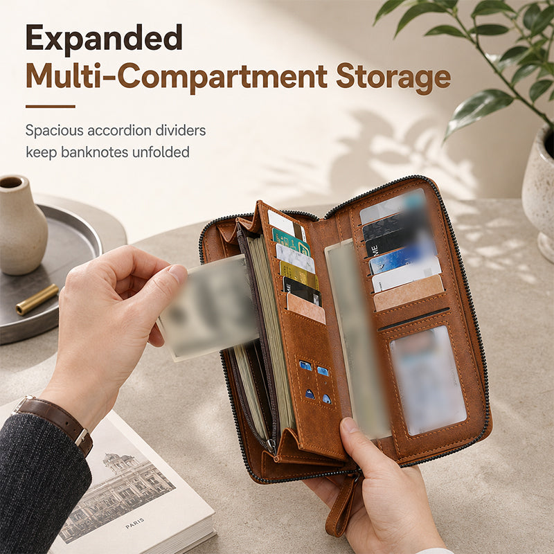 Structured Everyday Clutch Wallet – Rigid Zip, Flat Banknotes, Multi-Compartment, Scratch-Resistant