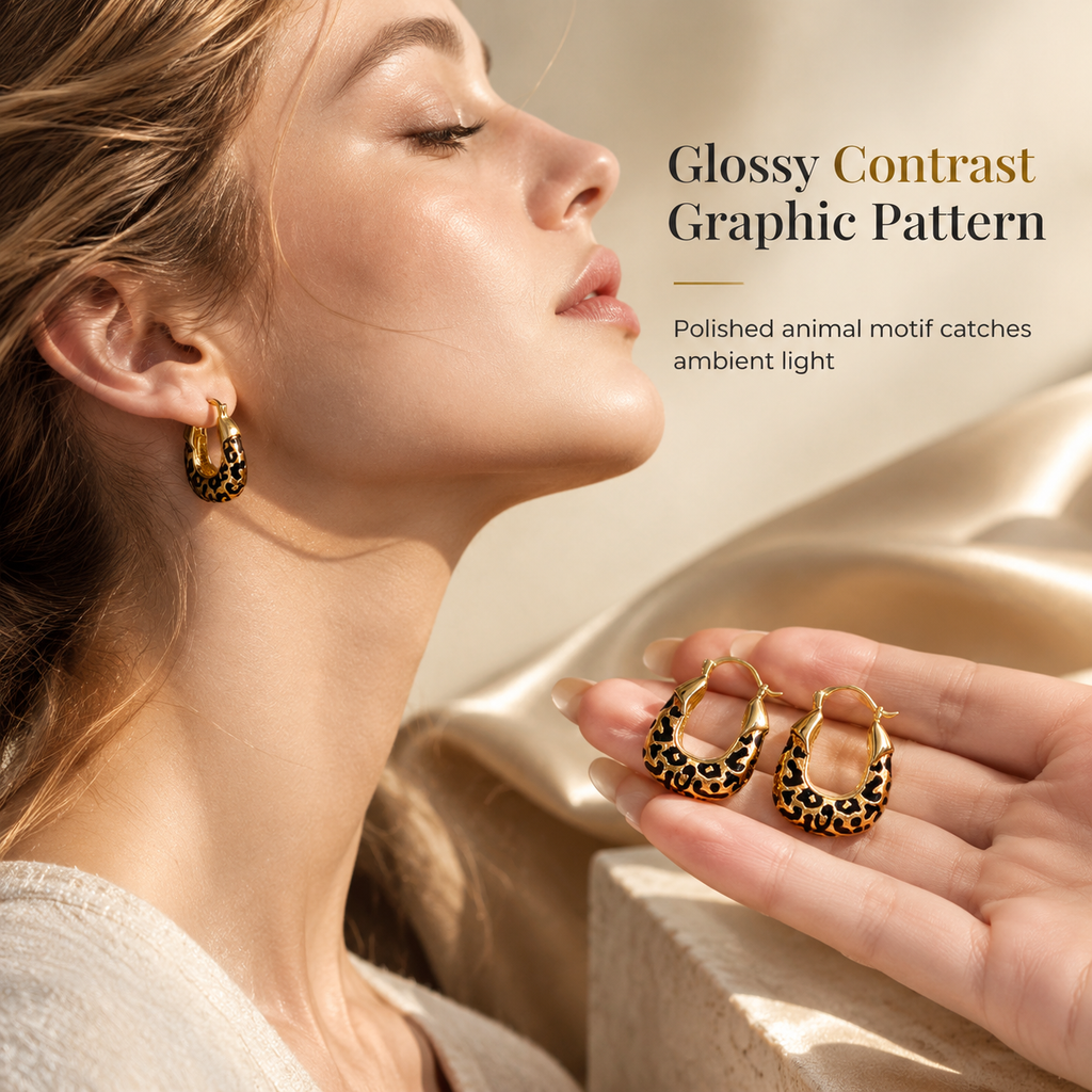 Vintage Leopard Print U Shaped Huggie Hoop Earrings for Women
