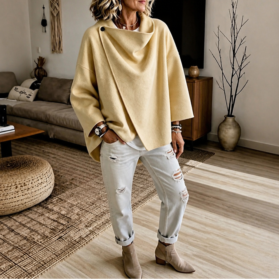 Asymmetric Button Wrap Cape Jacket