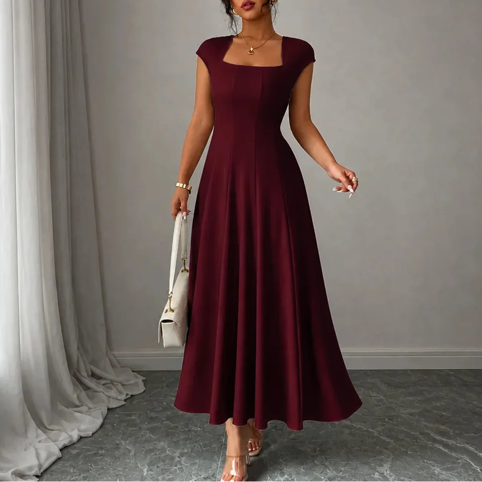Square Neck A-Line Midi Dress with Sculpted Waist