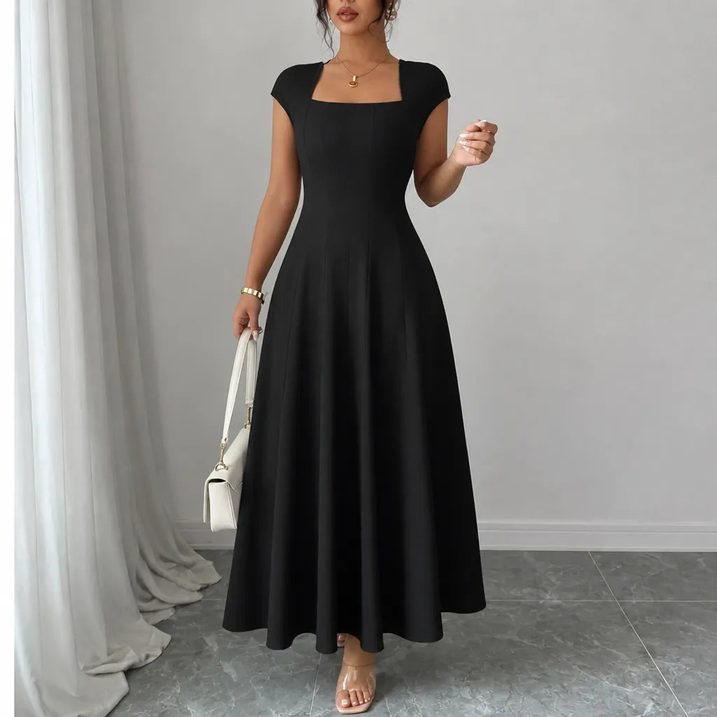 Square Neck A-Line Midi Dress with Sculpted Waist