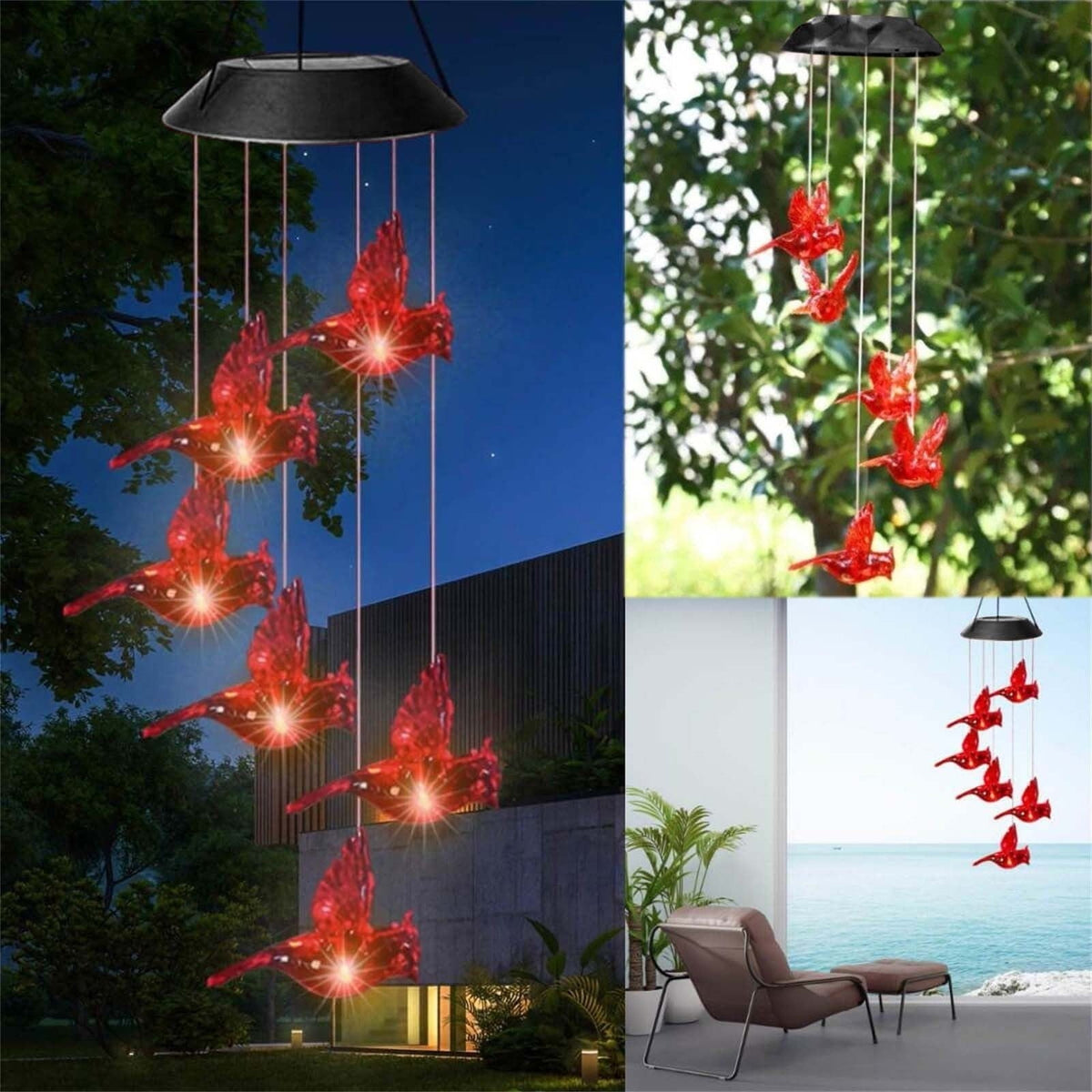 Solar Cardinal Wind Chime with Color Changing LED Lights, 29 Inch