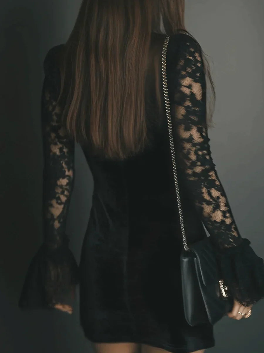 Women's Cocktail Dress | Mini Black Velvet Lace Long Sleeve