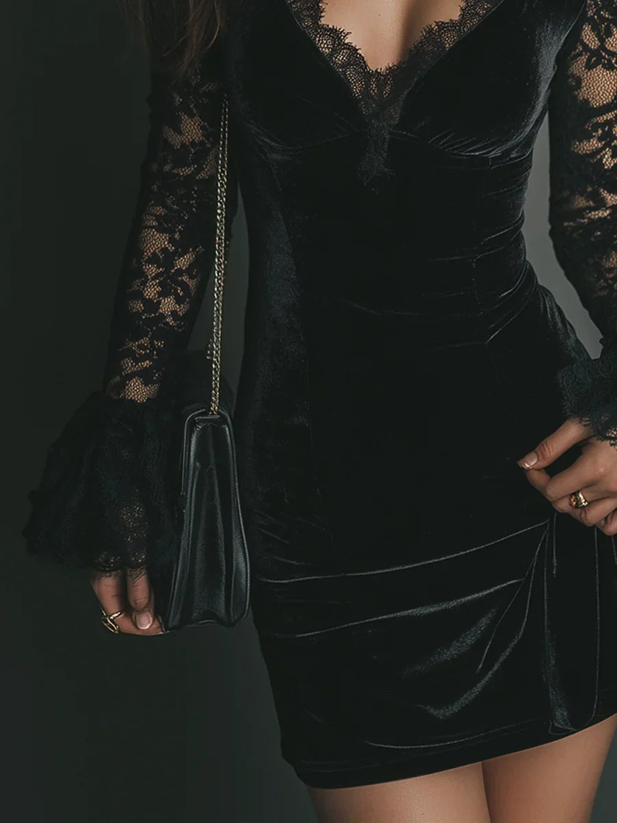 Women's Cocktail Dress | Mini Black Velvet Lace Long Sleeve