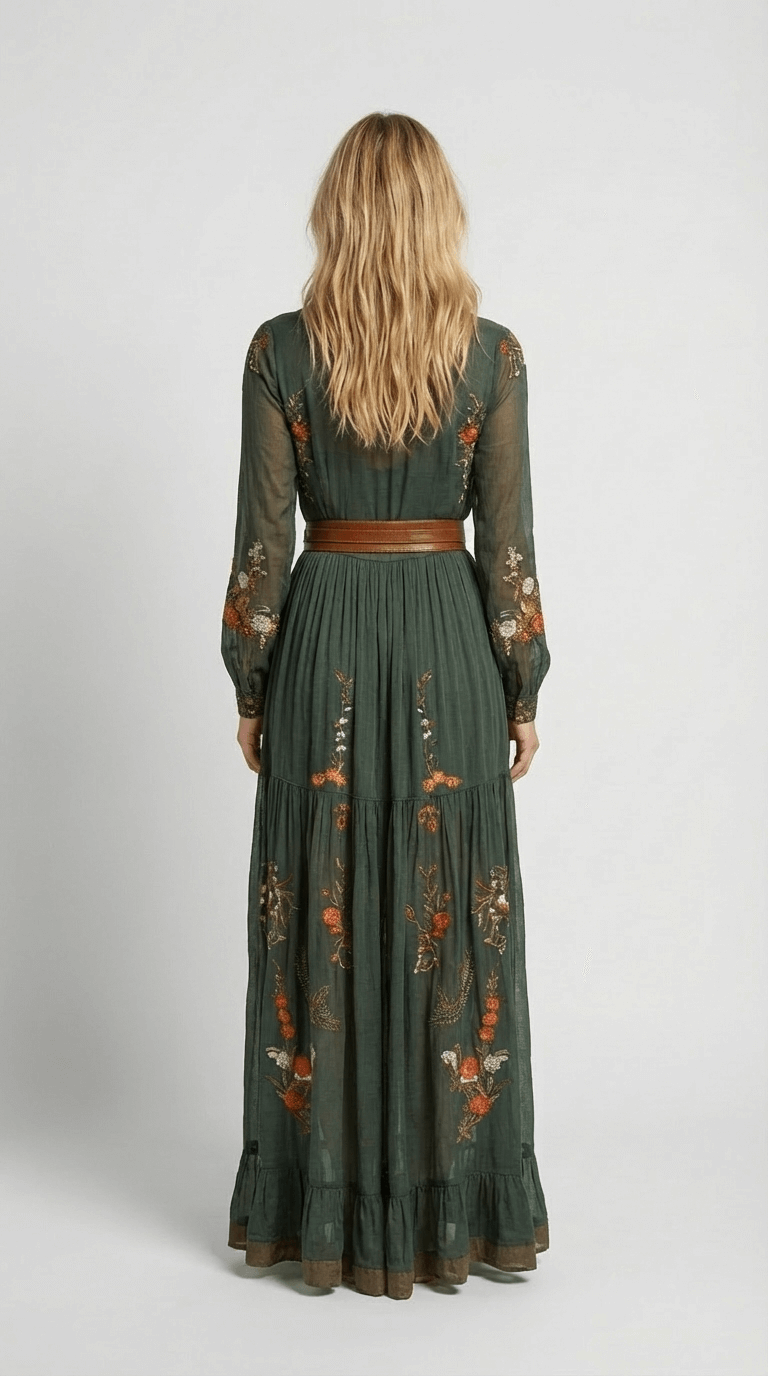 Women's Maxi Boho Dress Floral Detail Long Sleeves Tiered Skirt