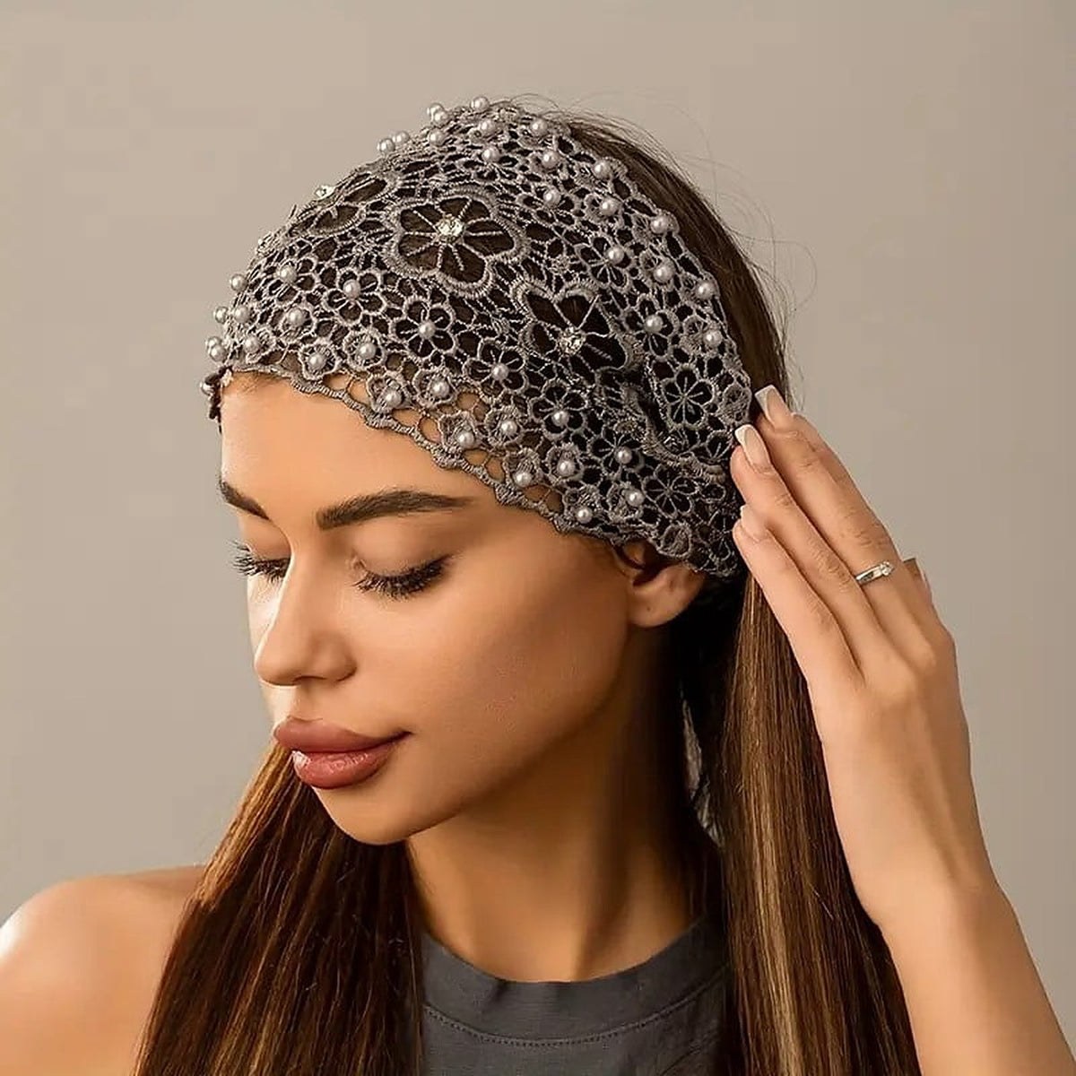 4-Pack: Wide Crochet Lace Headbands with Pearls and Rhinestones