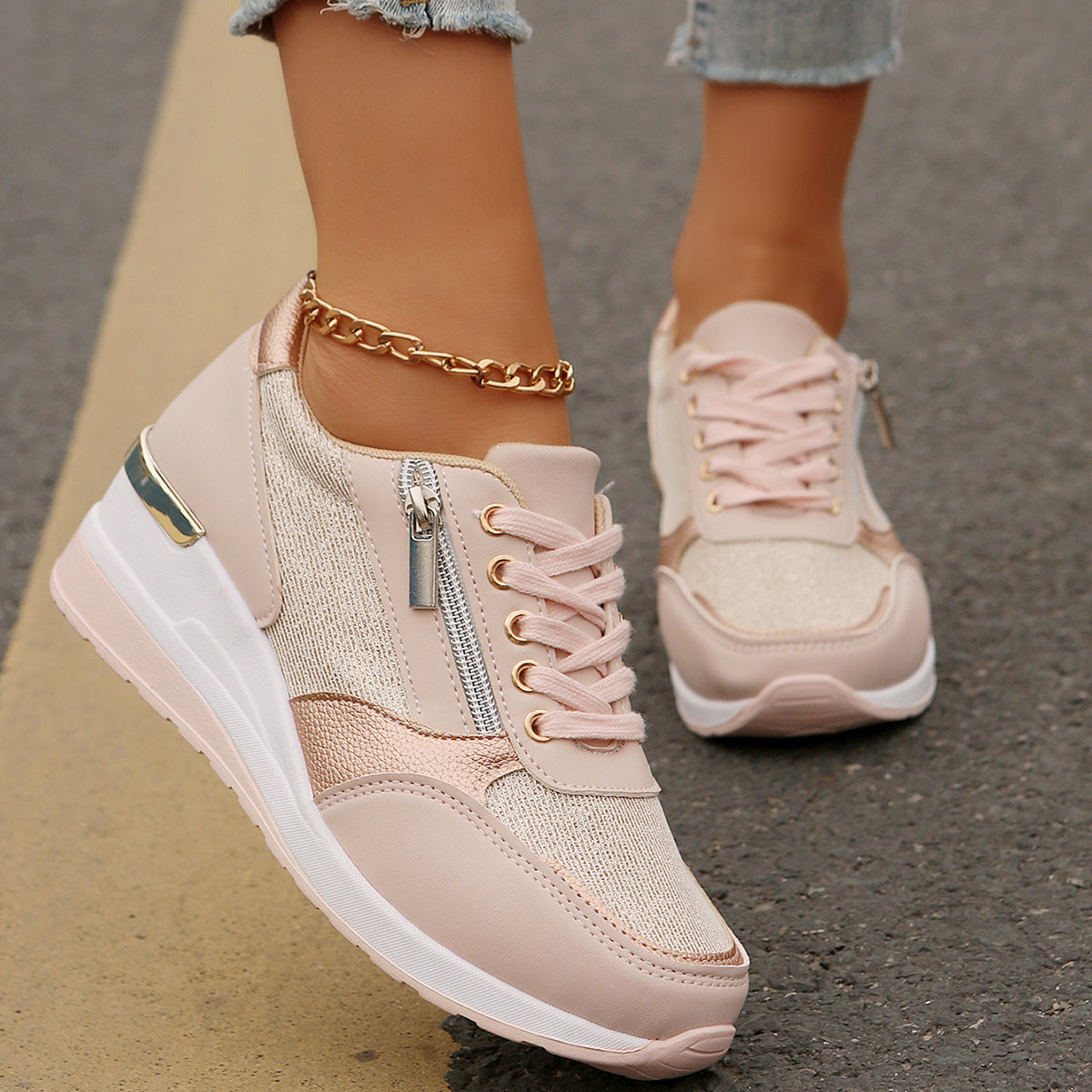 Women's Lace-Up Sneakers with Side Zip – Thick Sole, Comfort and Sporty Style