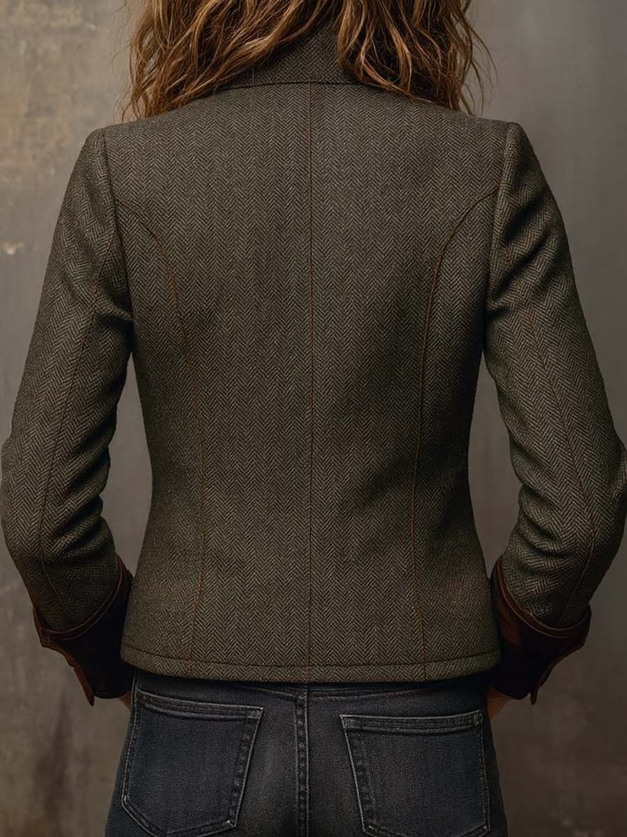 Honorine Vintage Chevron Blazer with Contrasting Trim