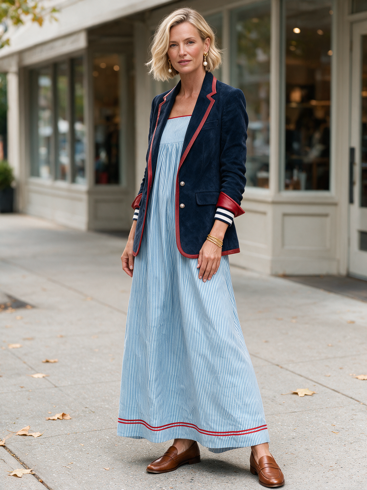 Women's Vintage-style Faux Suede Blazer With Red Leather Trim