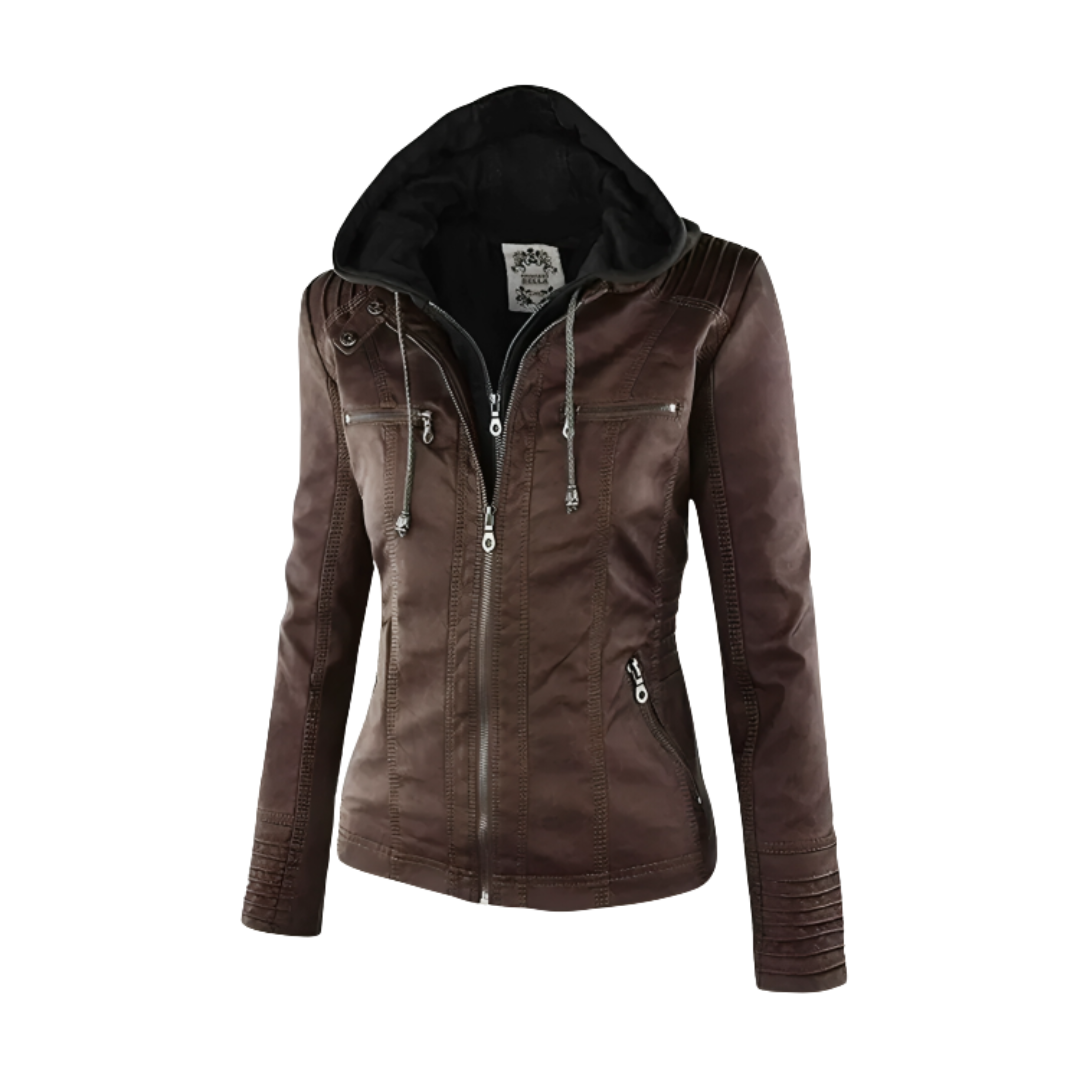 Women's water-resistant biker jacket with vegan leather and removable hood